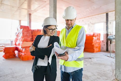 Preview: Industrial portrait of male and female engineers in construction