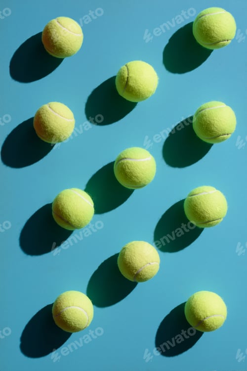 Vista previa: Top view shot of and tennis balls placed on blue surface