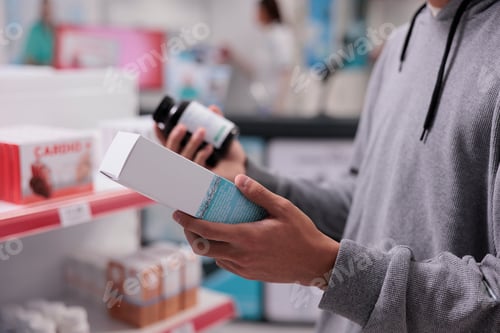 Preview: Customer looking at pills bottle and vitamins box