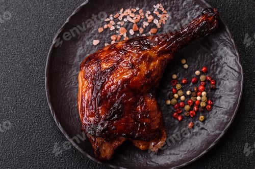 Preview: Duck, chicken leg or thigh grilled on a dark concrete background