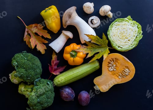 Preview: Raw vegetables background. Healthy organic food. pepper, mushroom, cabbage, broccoli and pumpkin on