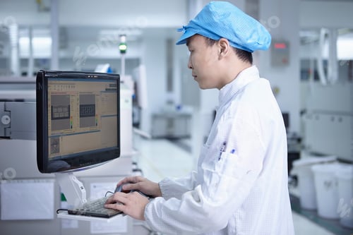 Preview: Worker using computer in factory that specialises in creating functional circuits on flexible