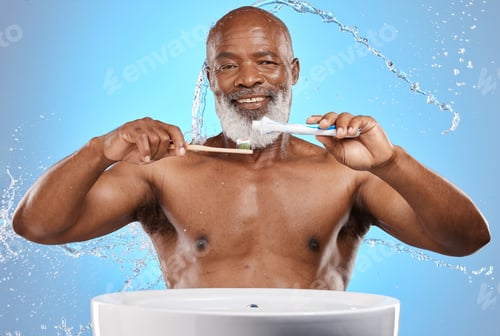 Preview: Brushing teeth, bamboo and black man in studio with toothpaste for dental or mouth care product pro
