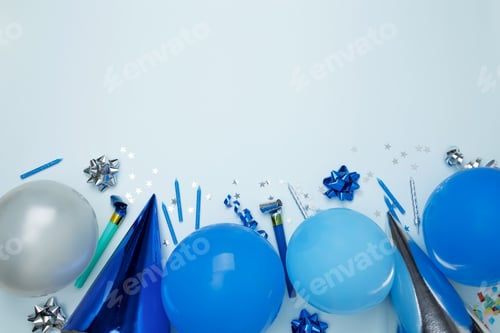 Preview: Birthday attributes colorful balloons, party hats, candles, and confetti