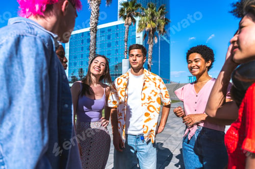 Preview: Multiethnic group of young happy friends hanging out