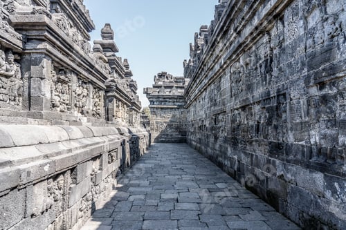 Preview: Corridor between the walls of the historic Borobudur Temple, Mungkid, Indonesia