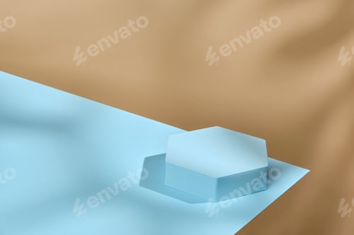 Preview: Hexagonal podium on blue and beige background. Backdrop for product display.