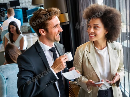Preview: Two young businesspeople having a successful meeting at restaurant