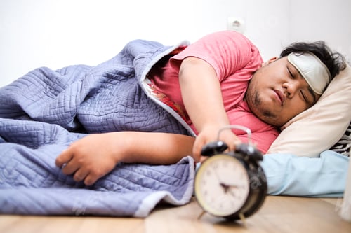 Preview: Asian Overweight Man Turning Off Ringing Alarm Clock in The Morning