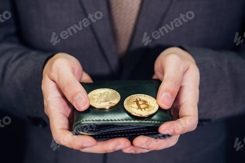 Preview: Close-up of businessman with wallet receiving and paying by bitcoin or cryptocurrency