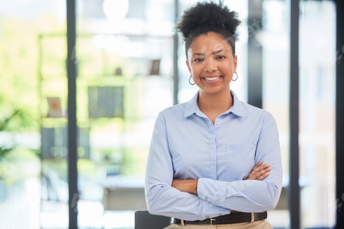 Preview: Success, leadership and professional businesswoman smiling while in a modern corporate office. Port