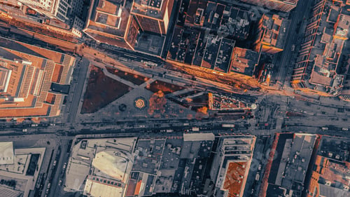Preview: Aerial view of the beautiful buildings of Toronto during a golden sunset