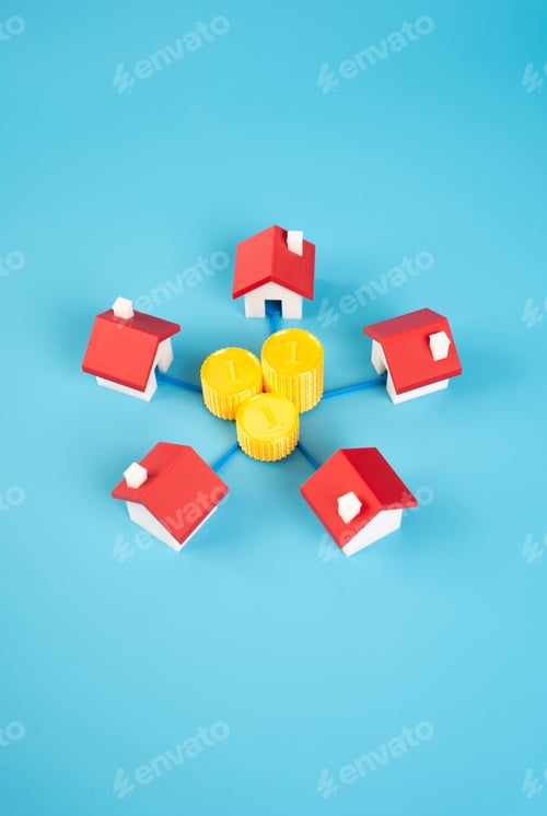 Preview: Houses are surrounded by money coins. Uniting households into neighborhood organizations