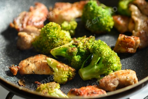 Preview: Fried meat and broccoli in a pan close-up.