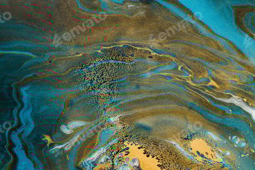 Preview: Acrylic Fluid Art. Spots of gold inclusions and aquamarine waves. Abstract Marbleized background
