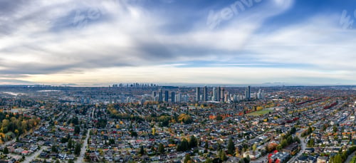 Preview: Panoramic Aerial View Of Burnaby Suburb And Downtown Skyline In Greater Vancouver