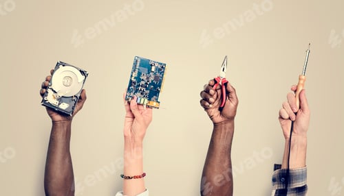 Preview: Hands holding digital component isolated on background