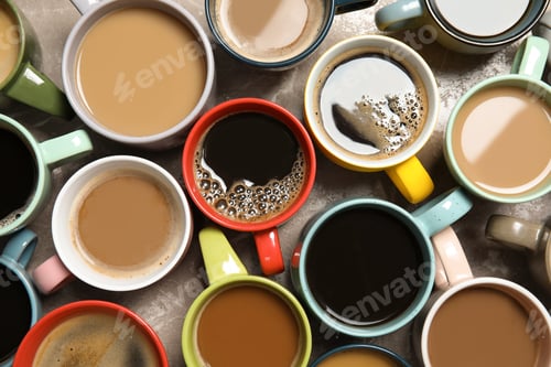 Preview: Cups of fresh aromatic coffee on gray background, top view. Food photography