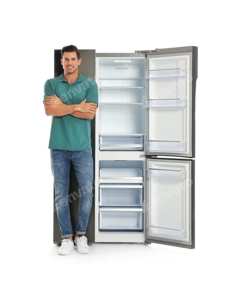 Preview: Man near open empty refrigerator on white background