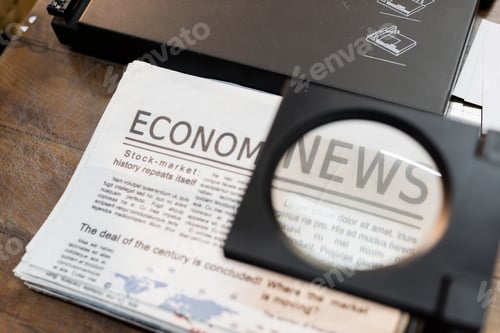 Preview: magnifying glass over newspapers with economic news in print center