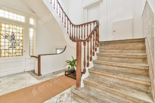 Preview: Wooden staircase with ornamental railing in house