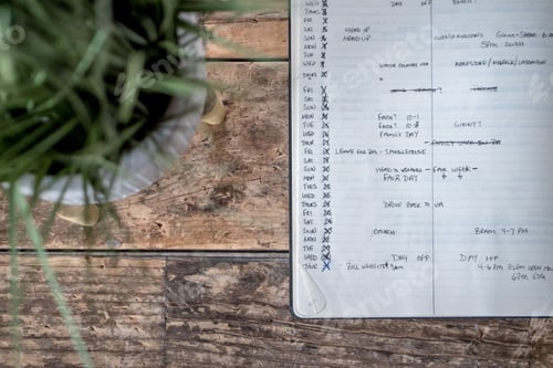 Preview: Closeup shot of an opened textbook with different dates and plans written in it