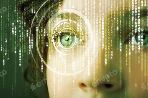 Preview: Modern Cyber Woman With Matrix Eye Concept