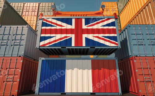 Preview: Two cargo Container with France and United Kingdom flags.