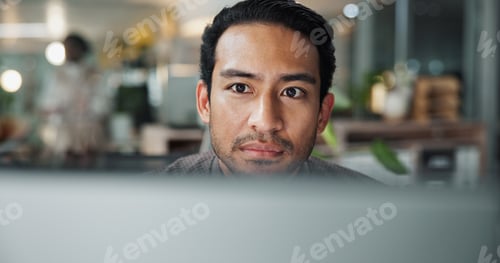 Preview: Research, computer and reading with business man in office for planning, website and email. Company