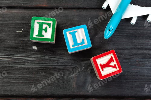 Preview: fly printed on three wooden dice. Transportation concept
