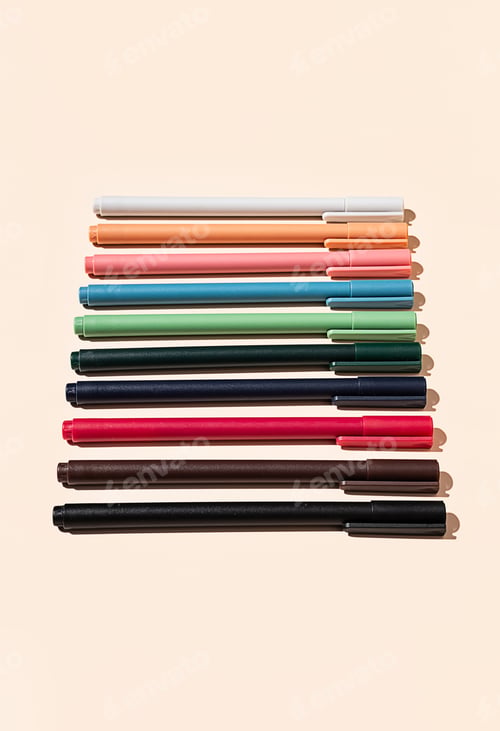 Preview: Some colourful pen arranging on beige.