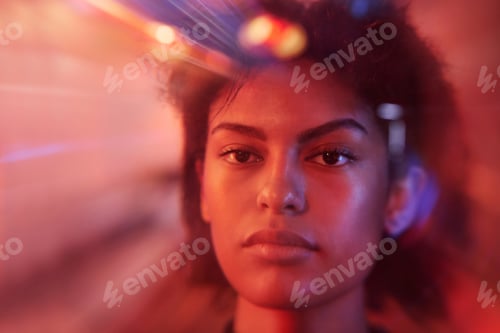 Preview: Young stylish woman standing in front of camera in cyberpunk cafe or bar