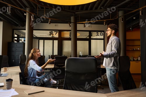 Preview: Dissatisfied businessman and irritated businesswoman discussing in office