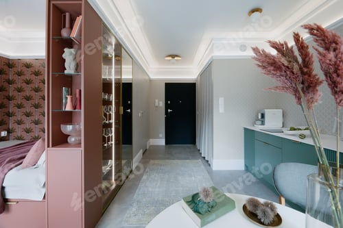 Preview: Interior design of open space corridor with gray rug, and personal accessories. Home decor Template