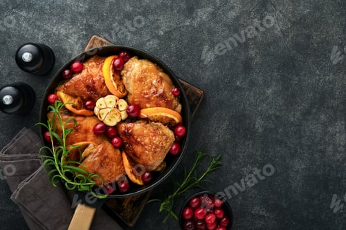 Preview: Baked chicken thighs with orange, cranberry and spicy herbs rosemary servered in frying pan on black