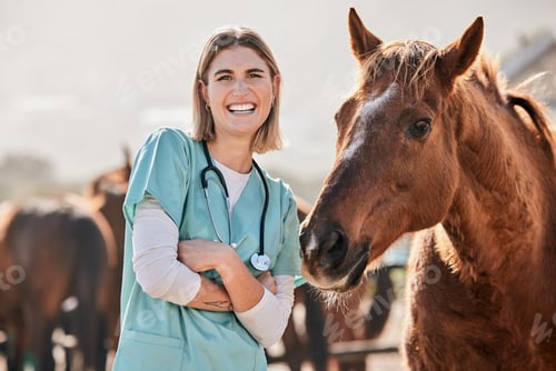 Preview: Happy horse doctor, portrait and woman at farm with arms crossed, care or smile for love, animal or