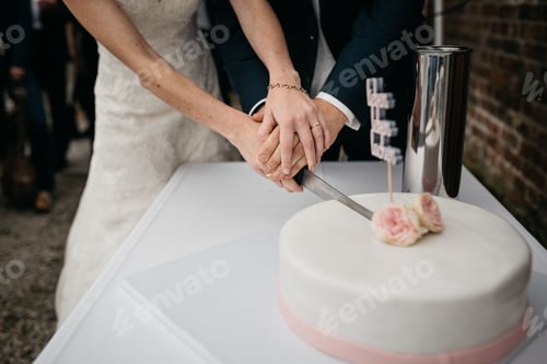 Preview: Groom and bride cutting a freshly-baked white cake with a silver knife