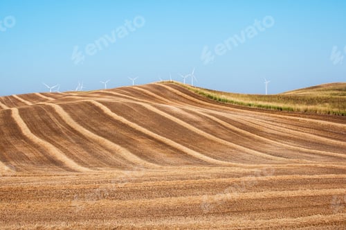 Preview: Beautiful view of wind turbines on a wheat field during a sunset