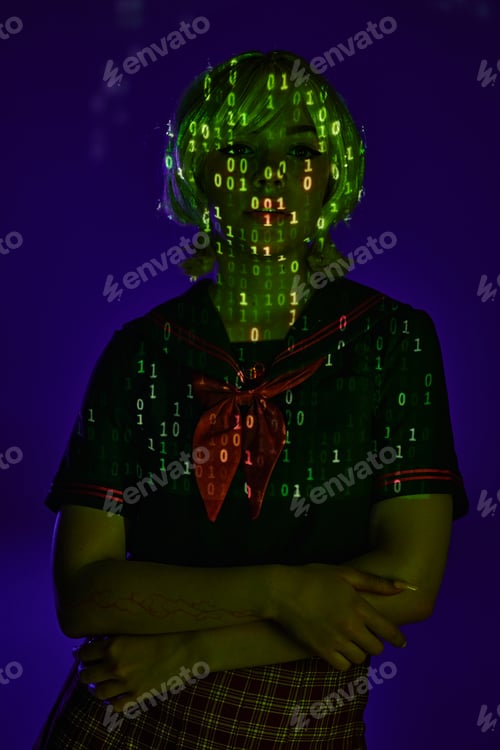 Preview: young female student in neon programming code projection on blue backdrop, cosplay character