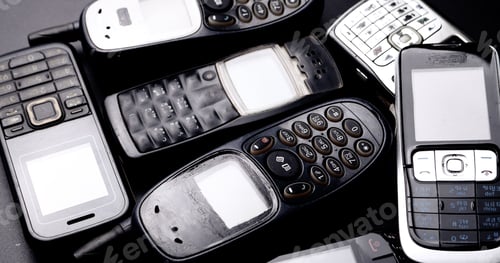 Preview: Heap of vintage mobilephones on a black background.