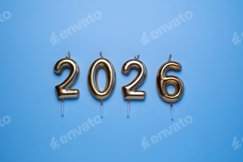 Visualização: Velas douradas soletrando o ano de 2026 em um fundo azul