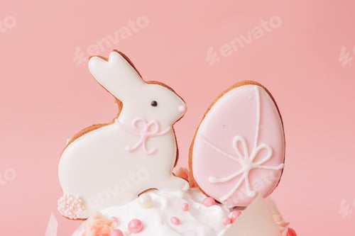 Preview: Bunny and egg cookies on top of cake against pink background