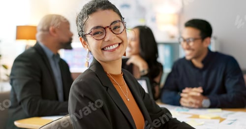 Preview: Meeting, happy and portrait of employee with team planning or working on strategy together in start