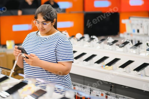 Preview: Indian woman choosing a new mobile phone in a shop