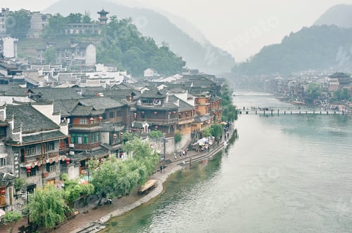 Preview: Traditional buildings on river edge, Fenghuang, Hunan, China