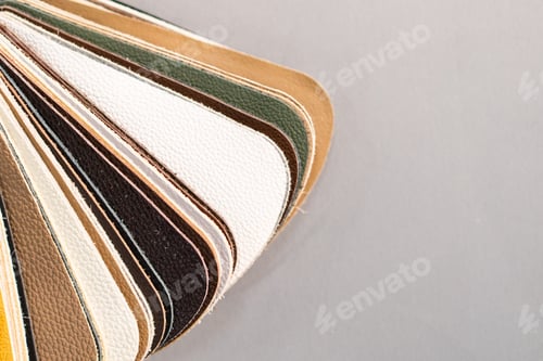 Preview: Luxury multicolored leather samples close-up. Multicolored palette leather