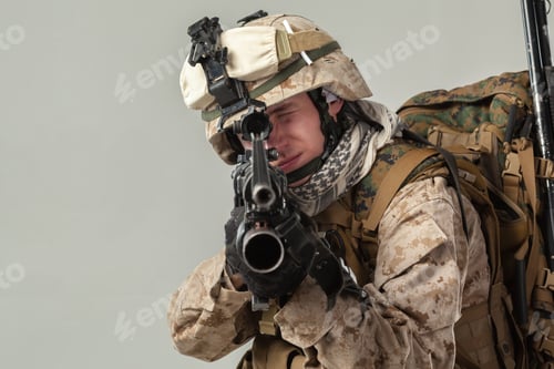 Preview: Soldier using weapon wearing military gear, demonstrating preparedness for combat in training
