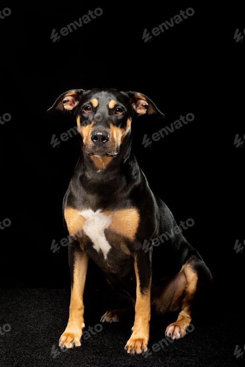 Preview: A black and tan dog poses confidently against a dark background