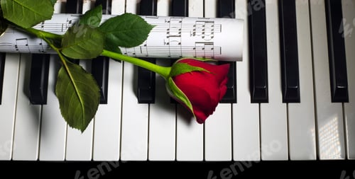 Preview: Romantic concept - red rose on piano keys