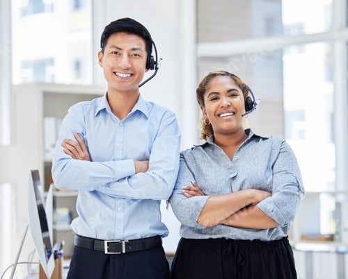 Preview: Portrait of call center colleagues. Businesspeople working in customer service wearing headsets, ar